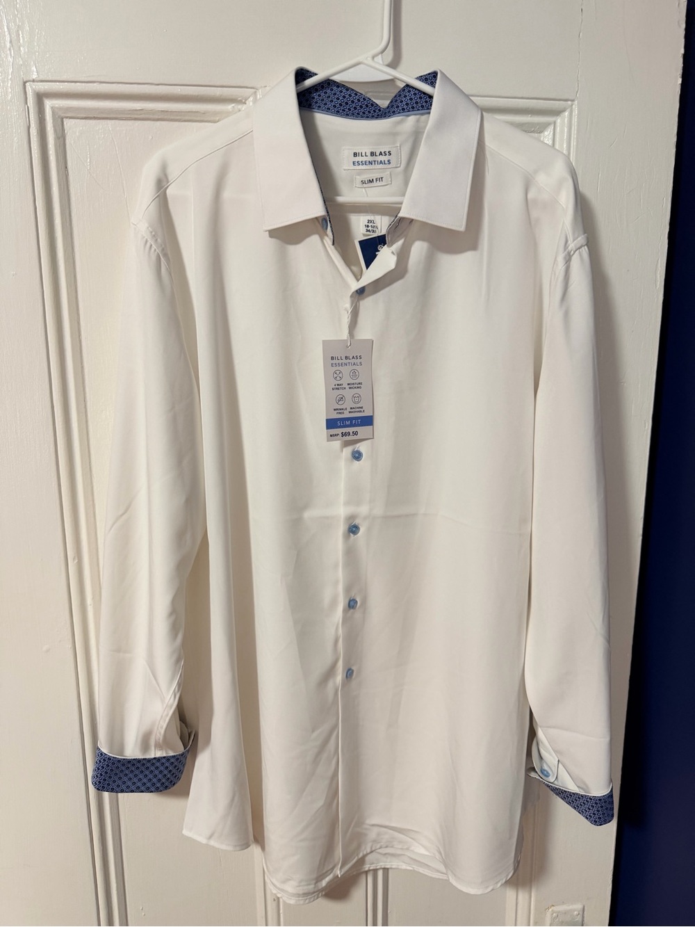 bill blass Men's White Dress Shirt with Blue Contrast Trim